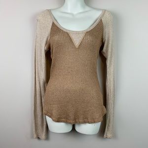 Miss Me Thermal Long Sleeve Shirt Small Tan